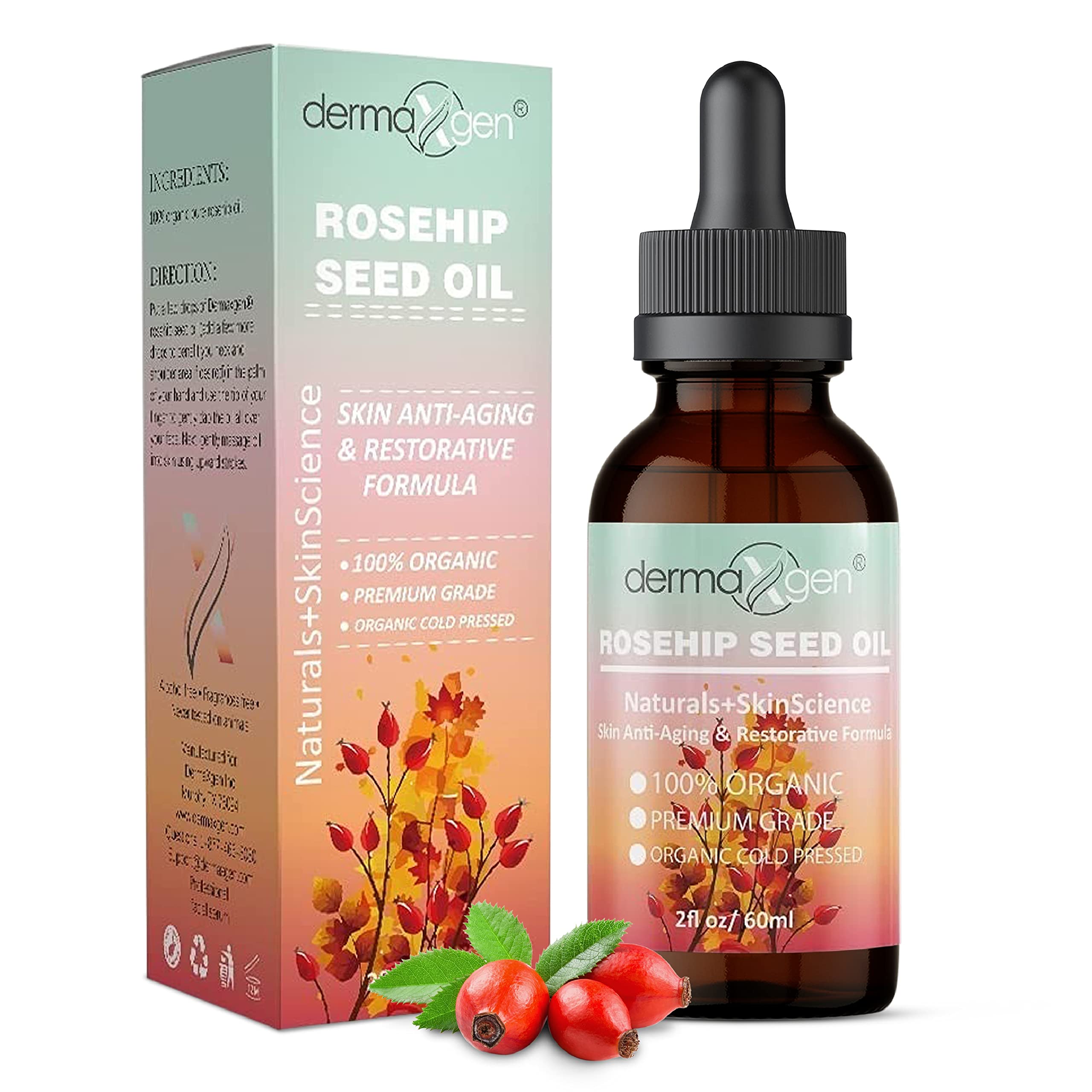 DERMAXGEN Rosehip Seed Oil 2 Fl Oz -100% Organic & Cold Pressed - Anti-aging Moisturizing Treatment For Face Hair Skin & Nails Acne Scars Anti-wrinkle.
